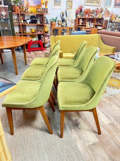 Set of 6 Vintage Australian Mid-Century Green Velvet Dining Chairs