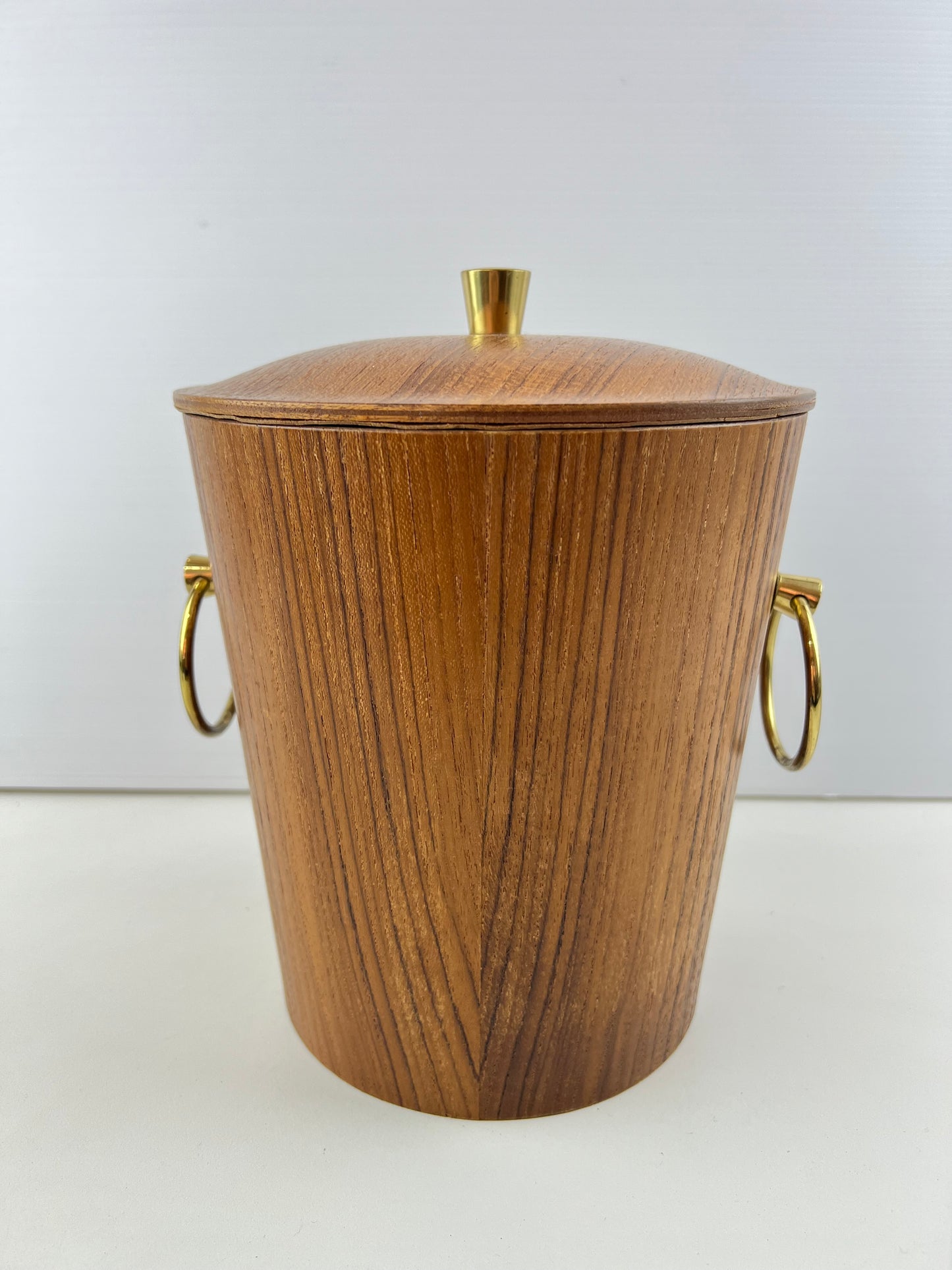 Teak Veneer & Brass Ice Bucket with Ring Handles