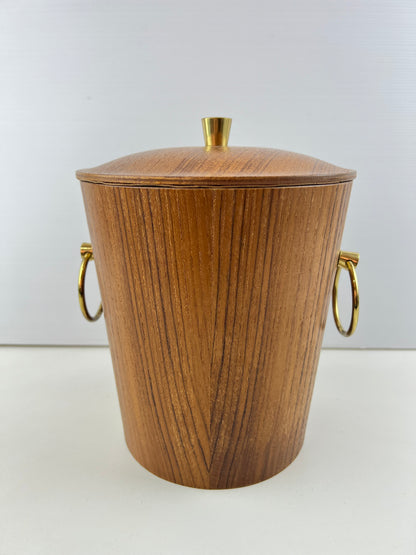 Teak Veneer & Brass Ice Bucket with Ring Handles