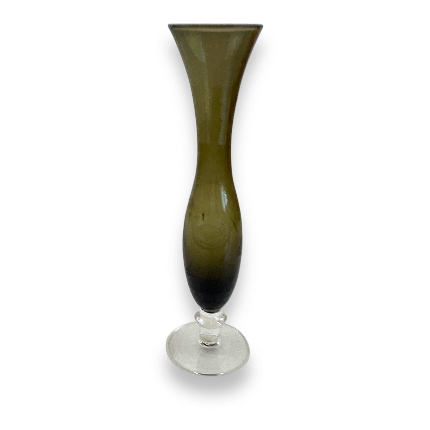Smoked Glass Bud Vase – Handblown Olive Green Etched Glass Vase with Clear Stem