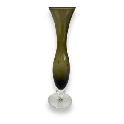 Smoked Glass Bud Vase – Handblown Olive Green Etched Glass Vase with Clear Stem