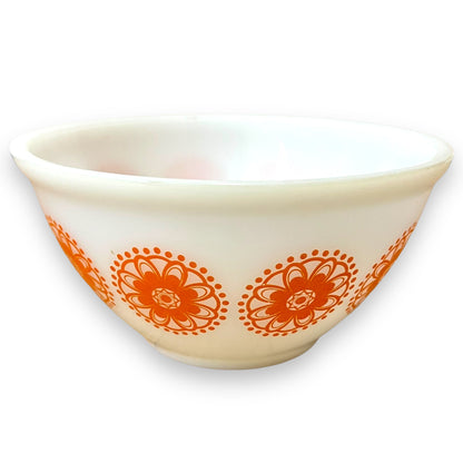 Retro White Glass Mixing Bowl with Orange Floral Pattern