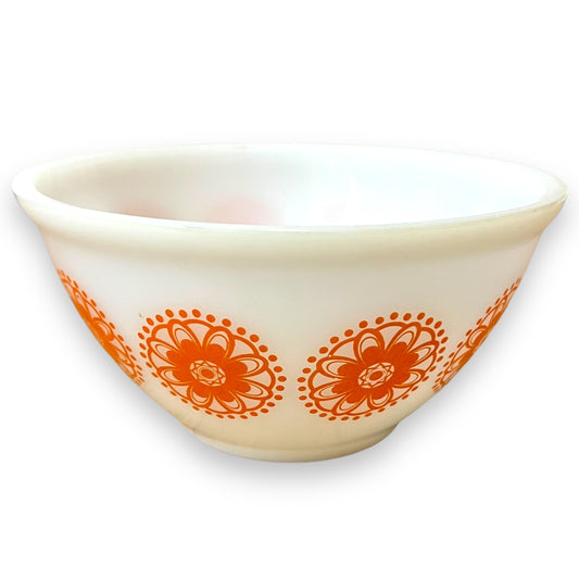Retro White Glass Mixing Bowl with Orange Floral Pattern
