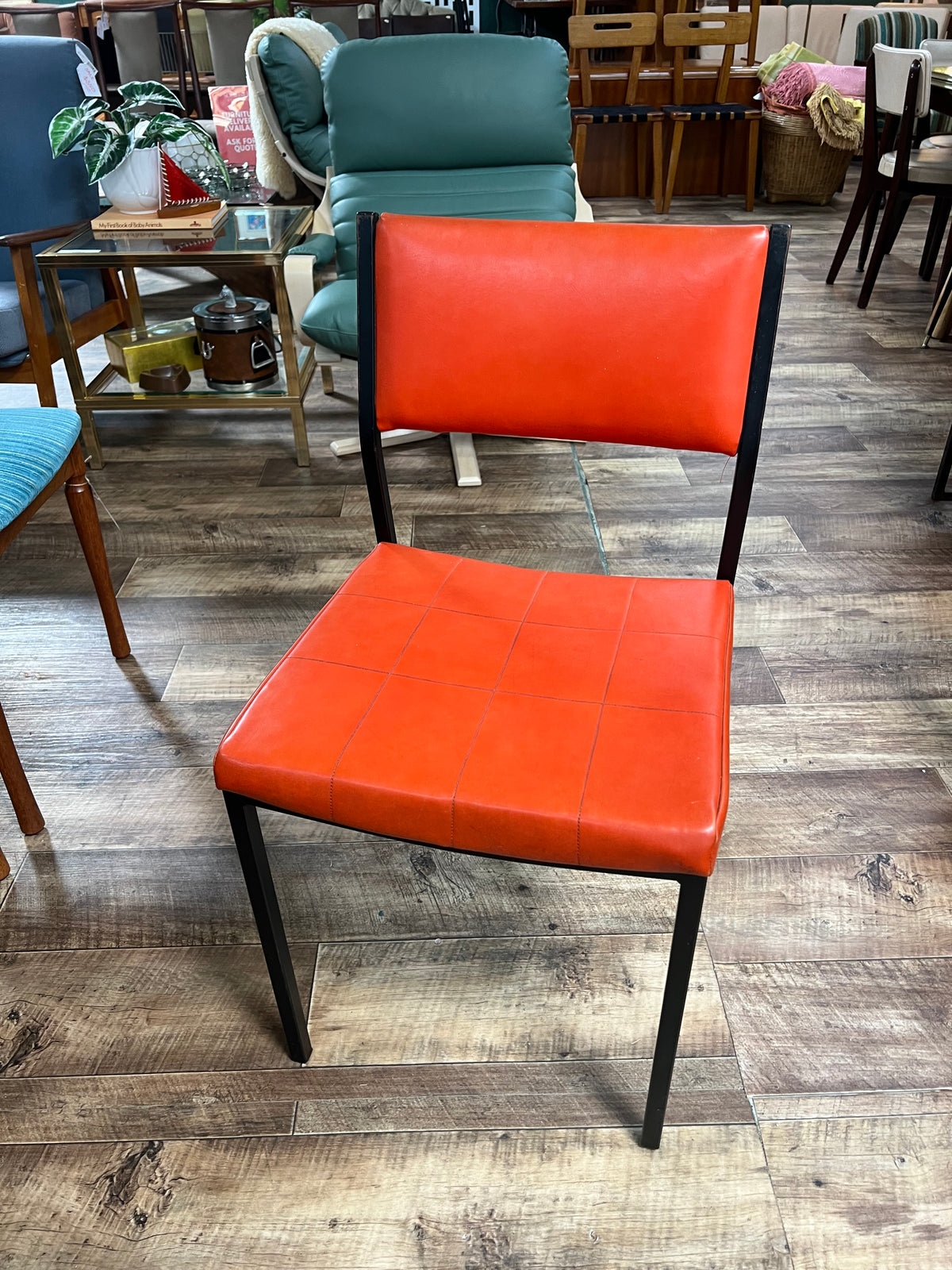 Orange Vinyl Dining Chair – Black Metal Frame