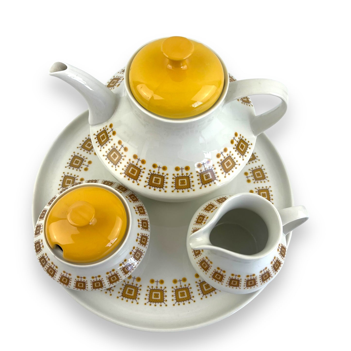 Constantia RSA Yellow Patterned Teapot, Sugar Bowl, creamer and plate set