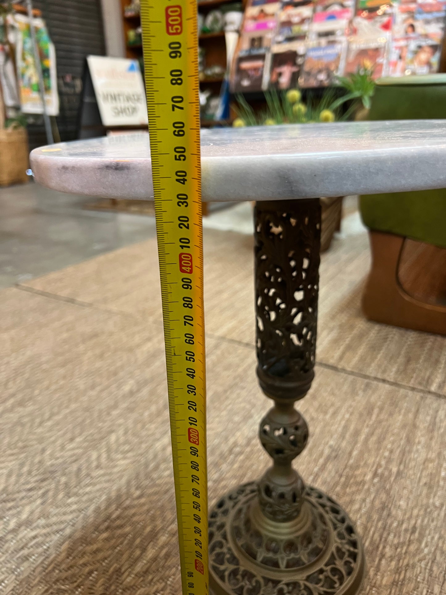 Marble Top Side Table with Ornate Metal Pedestal Base