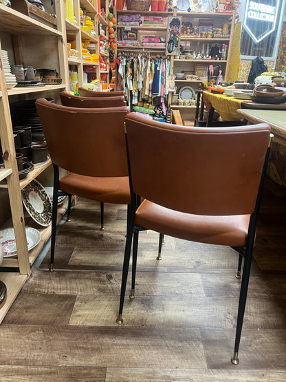Set of 4 Mid Century Brown Vinyl Dining Chairs with Black Metal Frames