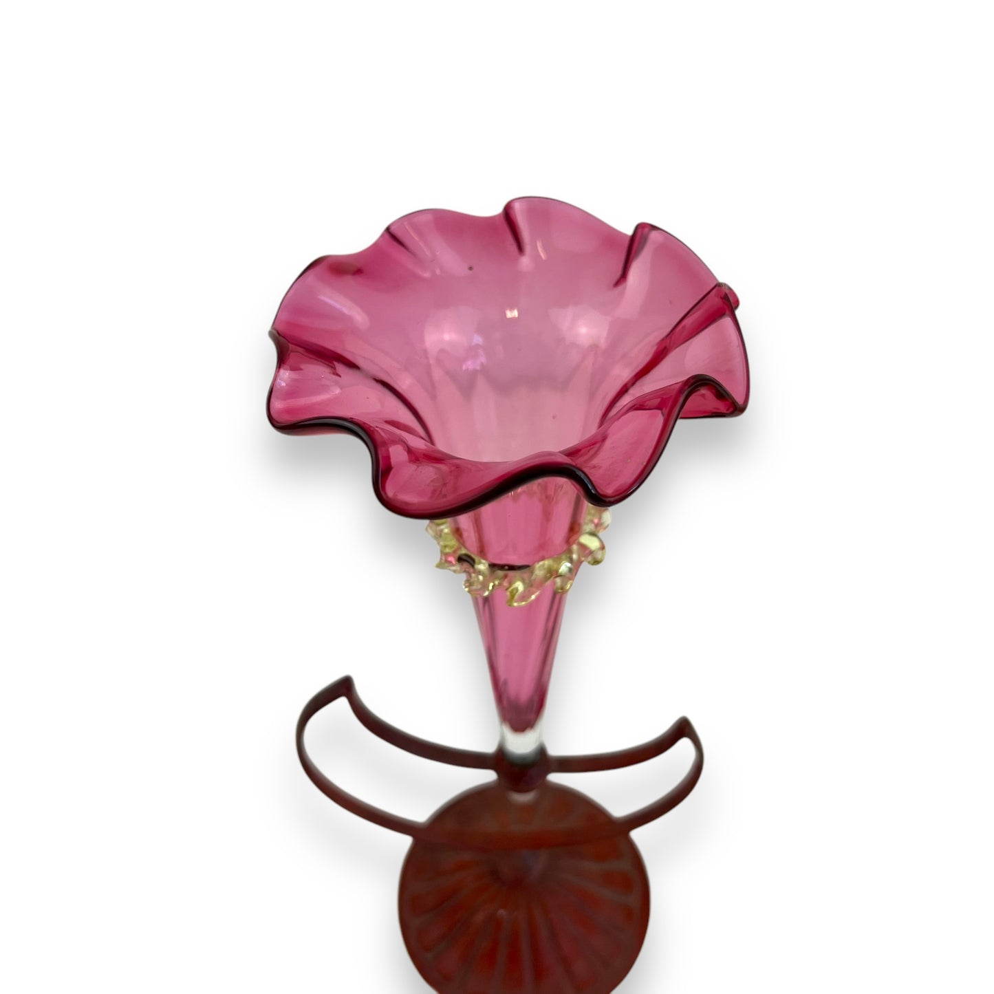Victorian Cranberry Glass Jack-in-the-Pulpit Vase with Metal Moon Stand (1850-1899)