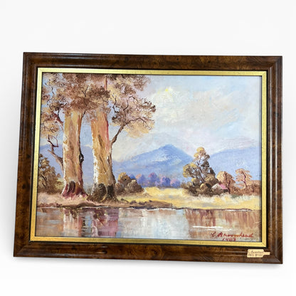 Australian Landscape Oil Painting with Water and Mountains in the distance– Signed L. Brownhead 1983