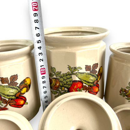 Beige Ceramic Canister set of 3 with colourful vegetable decals.