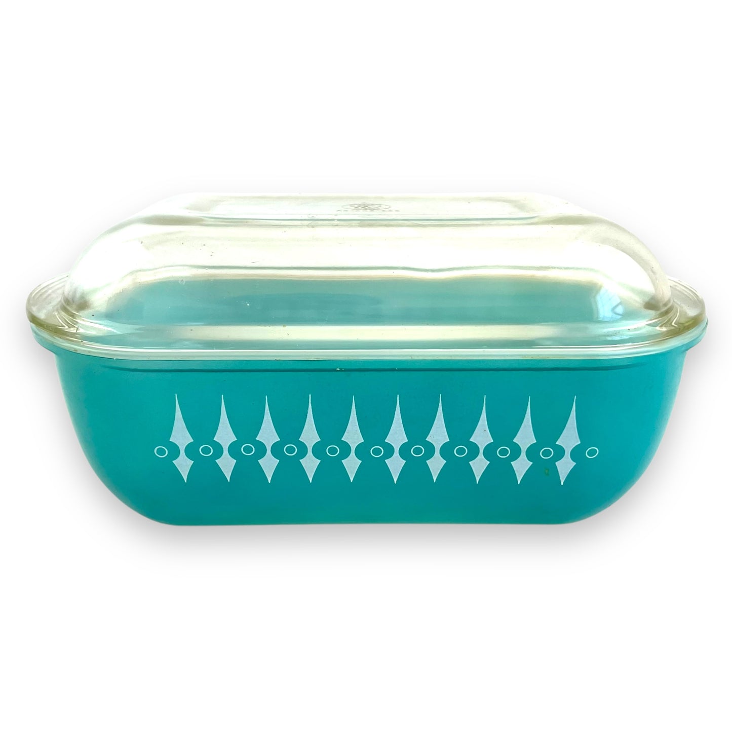 Pyrex Australia Turquoise Casserole Dish with Picket Fence Spear Pattern & Clear Glass Lid COB-600
