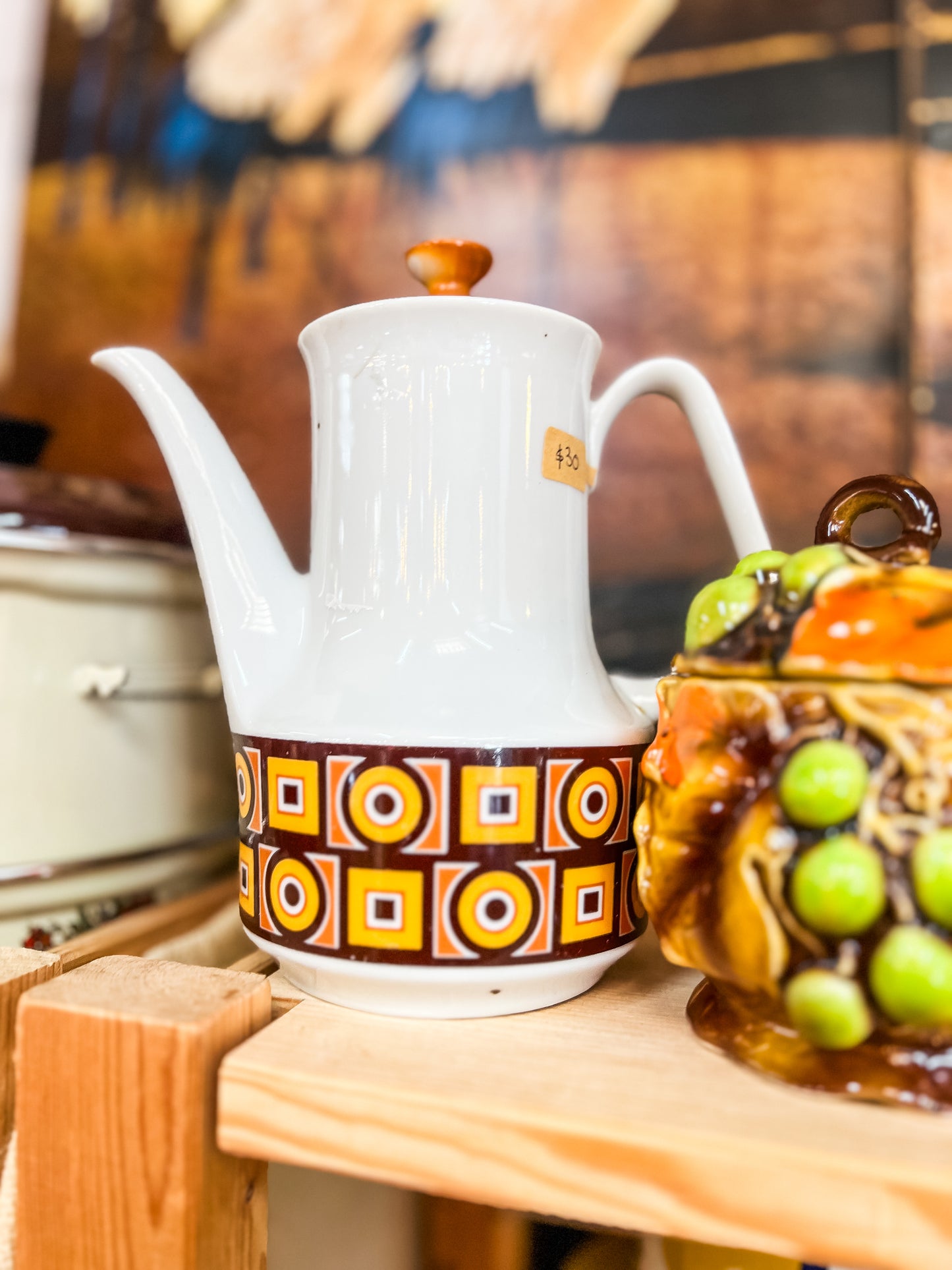 1970s Retro Coffee Pot – Geometric Pattern Ceramic Coffee Server – Made in Japan