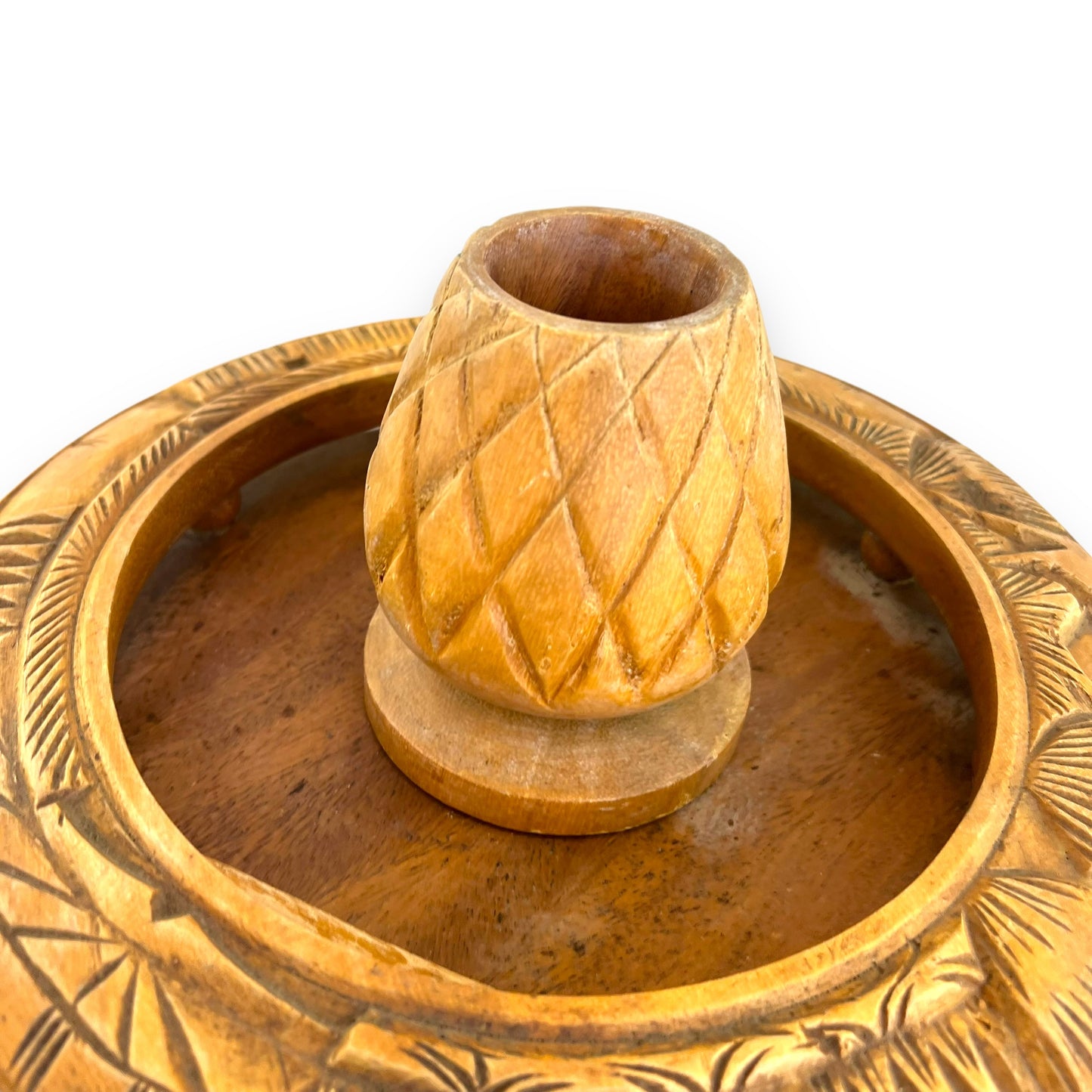 Wooden Tiki Monkey Pod Two Tier Lazy Susan Server