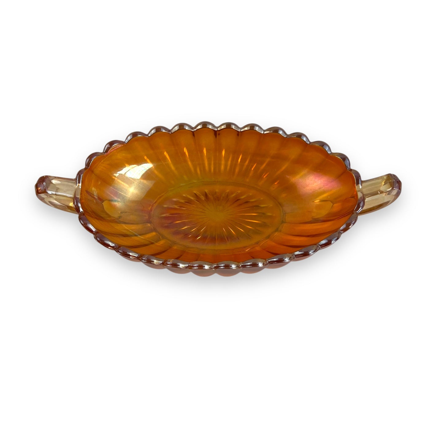 Carnival Glass, twin-handled oval dish in the "Marigold" color