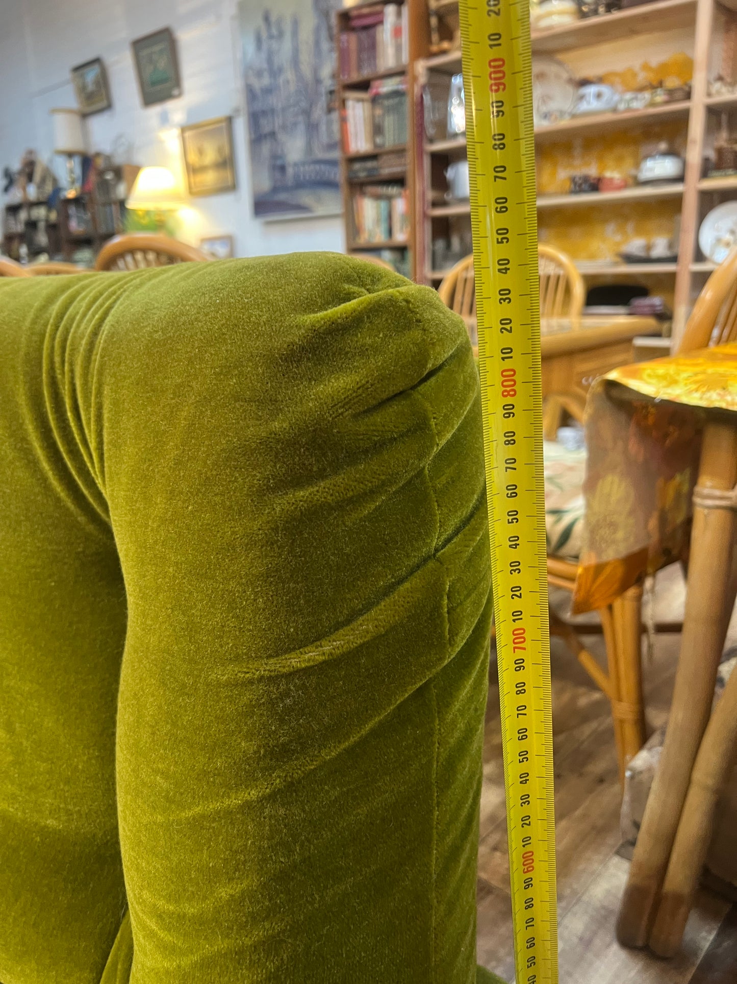 1970s Avocado Green Velvet Three Seater Lounge Sofa