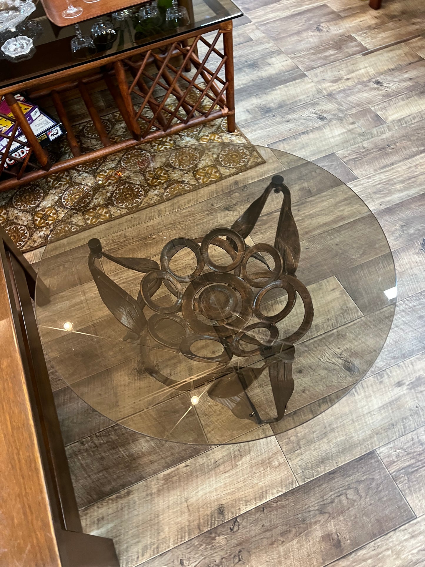 Mid Century Australian Brutalist Round Coffee Table with Smoked Glass Top