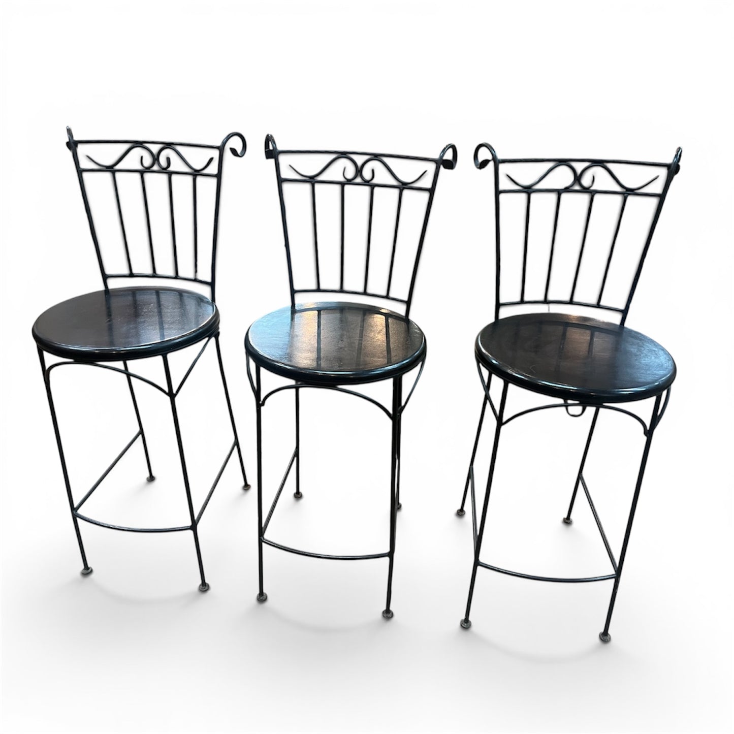 Set of 3 Black Vintage Wrought Iron Bar Stools