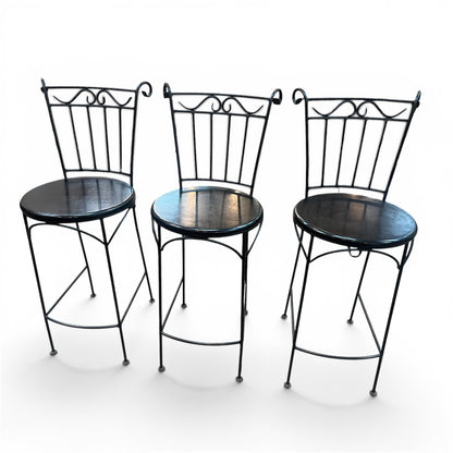 Set of 3 Black Vintage Wrought Iron Bar Stools