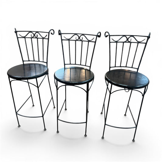 Set of 3 Black Vintage Wrought Iron Bar Stools
