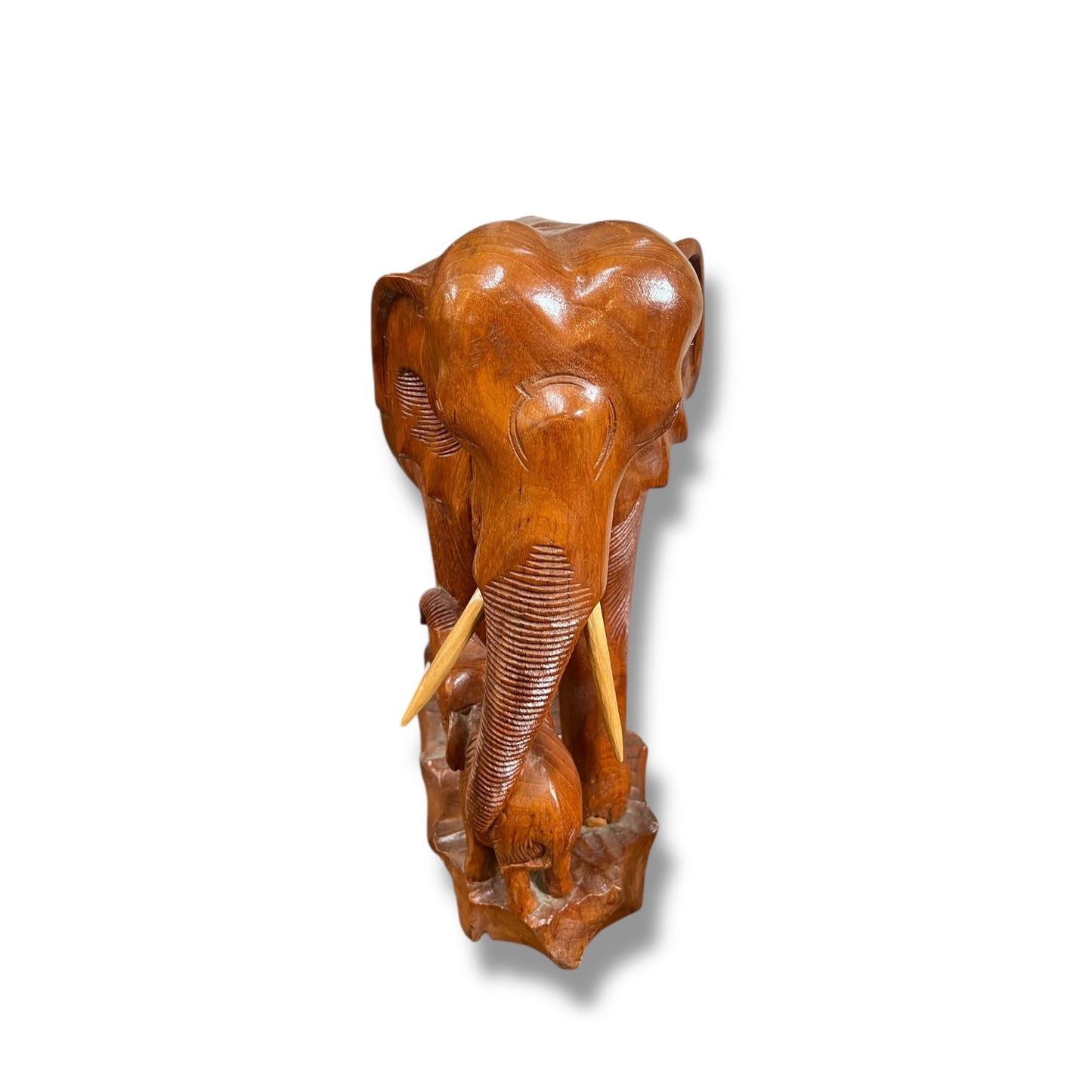 Large Hand-Carved Wooden Elephant and Calf Sculpture