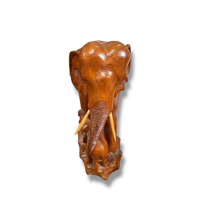 Large Hand-Carved Wooden Elephant and Calf Sculpture