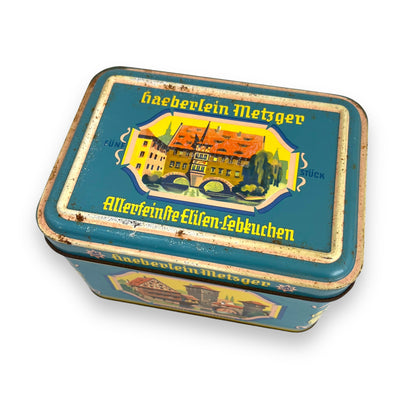 Vintage tin can Haeberlein Butcher Nuremberg gingerbread turquoise