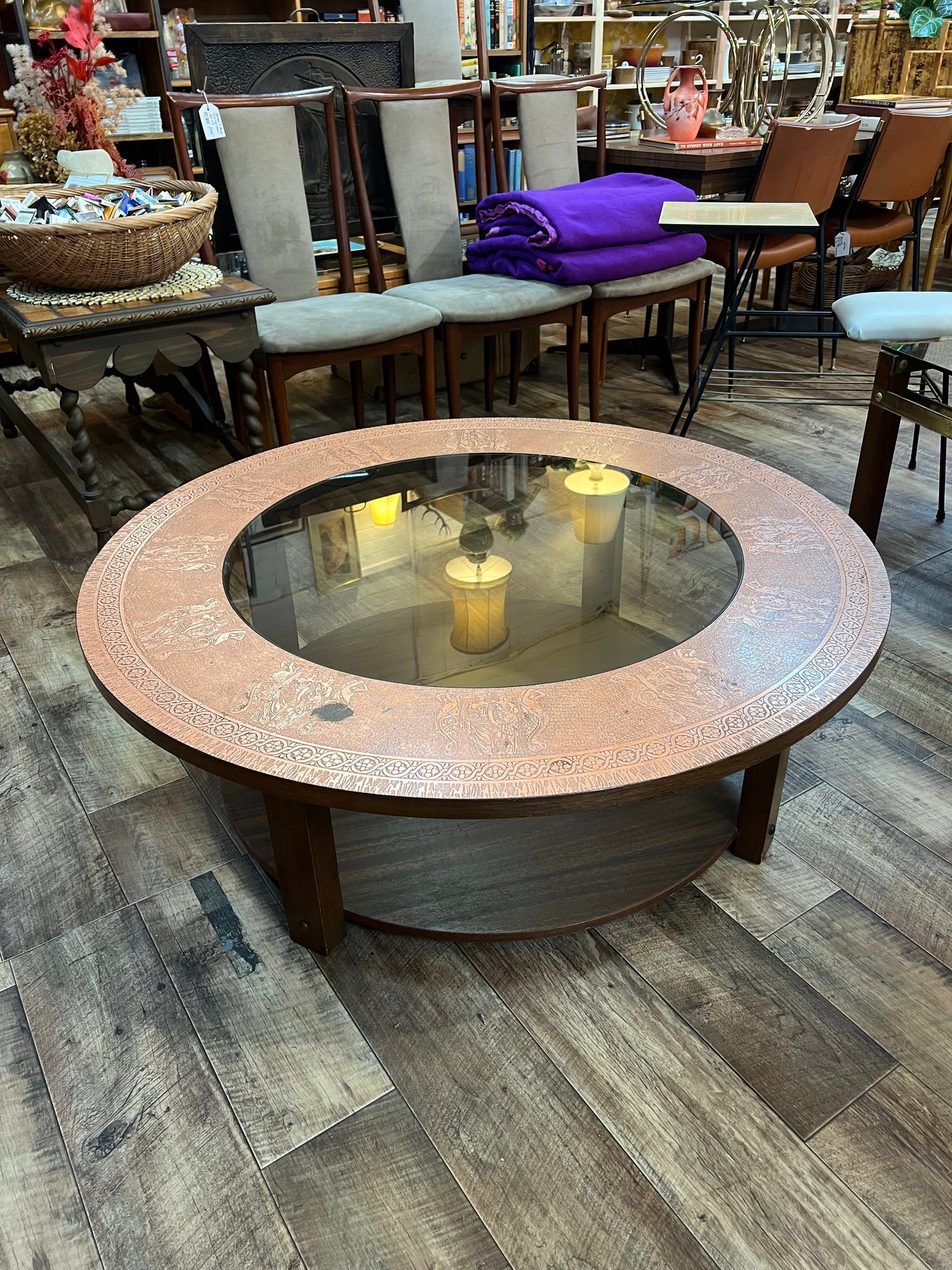 Pressed Copper & Glass Round Coffee Table with Lower Timber Shelf