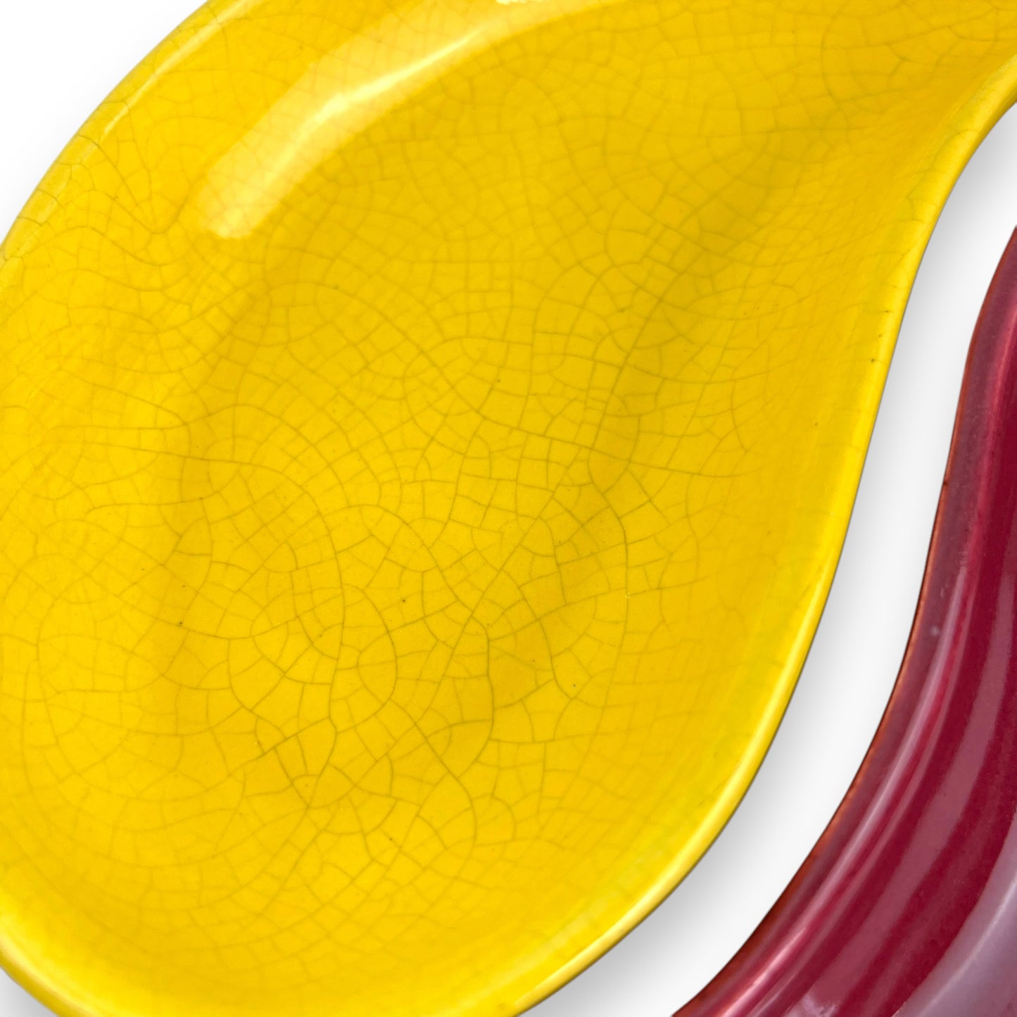 Yellow & Maroon ceramic snack tray on cane carrier