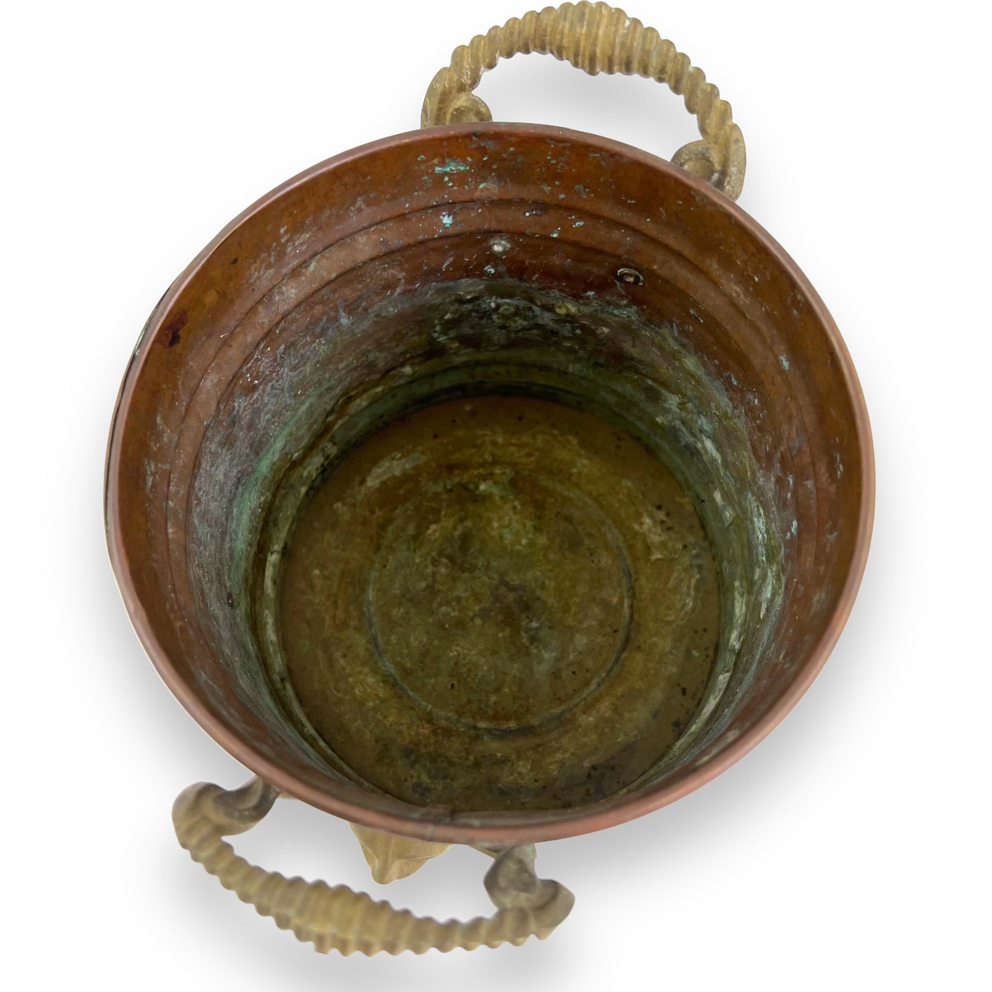 Brass and copper lion head plant pot