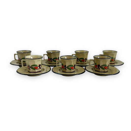 Italian Pottery Tea Set - 7 Cups and Saucers with Hand-Painted Fruit Design