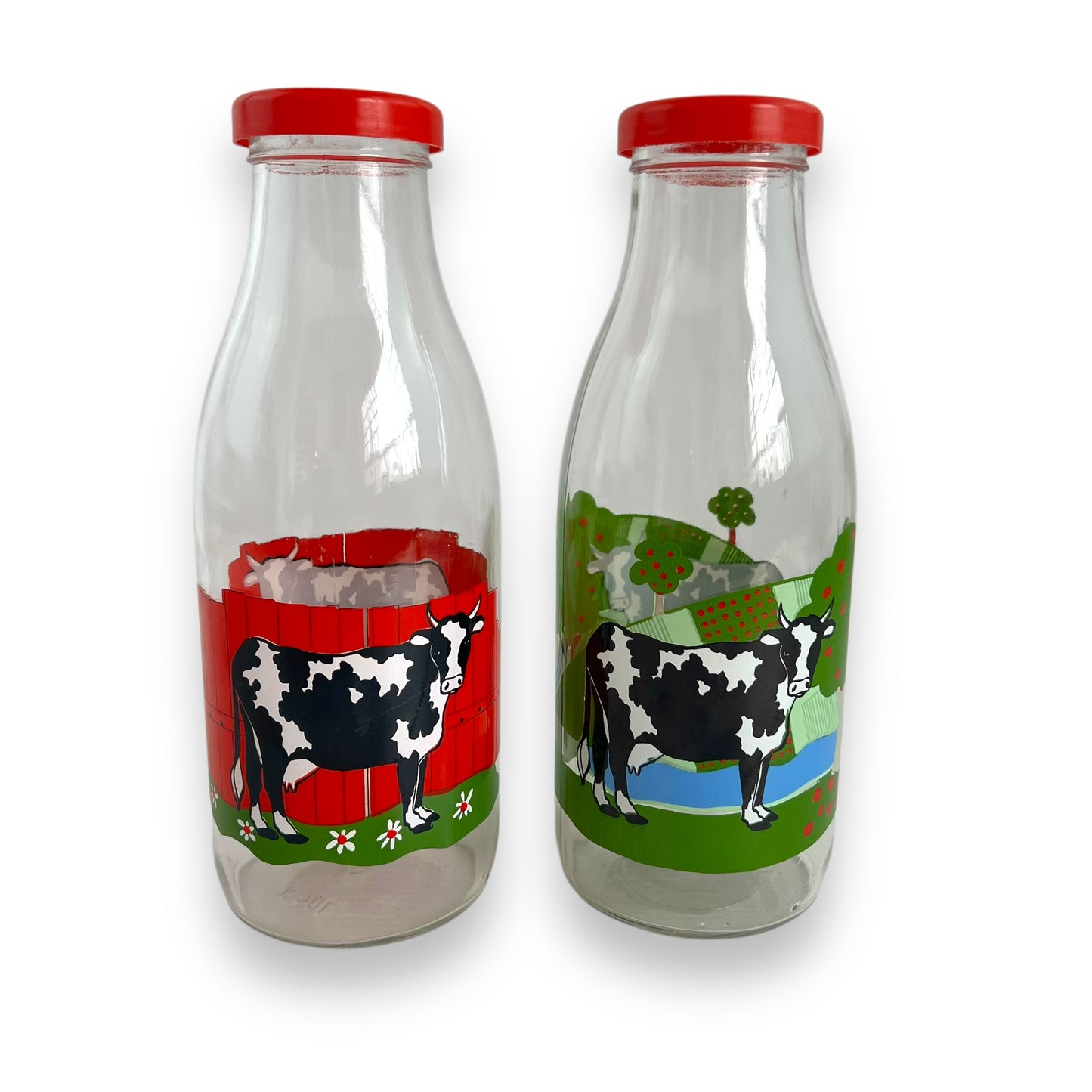 Set of 2 Vintage French Glass Milk Bottles with Cow Design