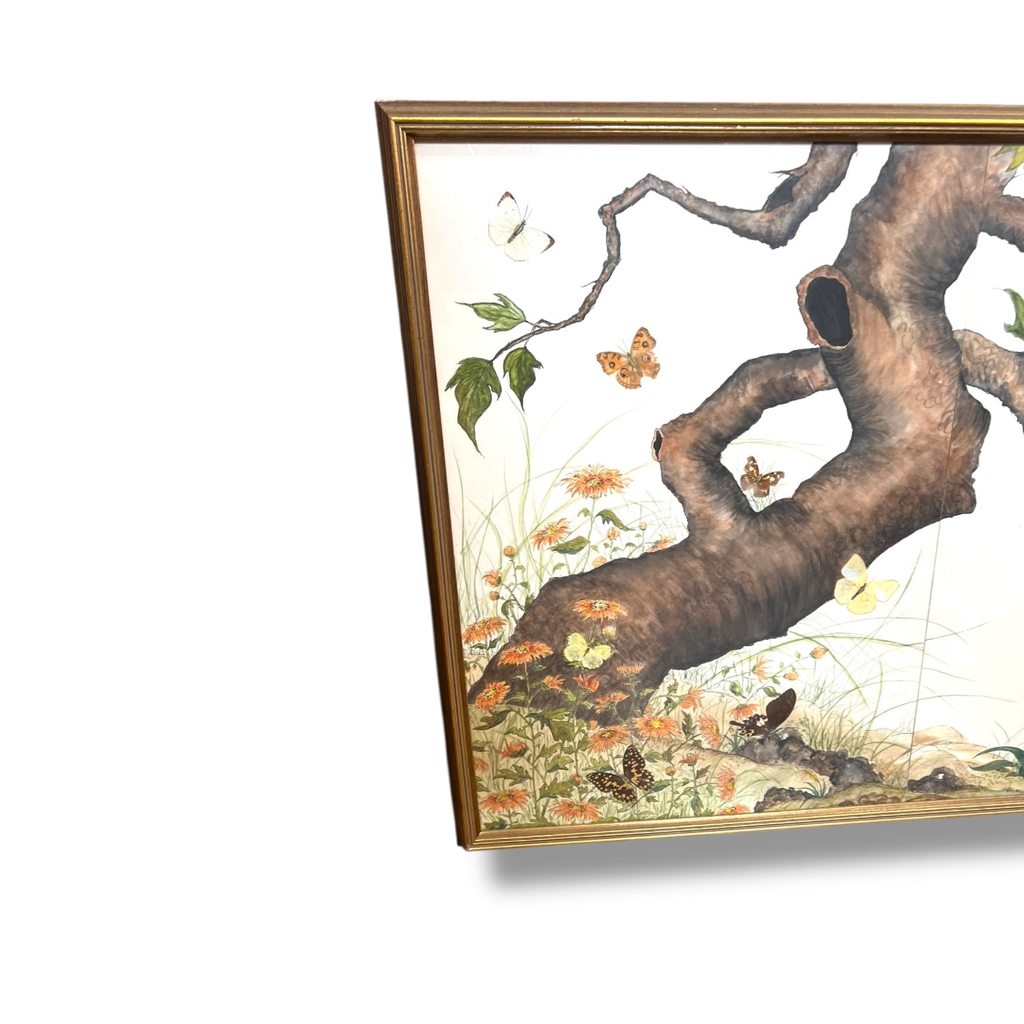 Large Framed Butterfly & Tree Artwork with Real Butterfly Wings — Signed M. Ginsberg, 1982