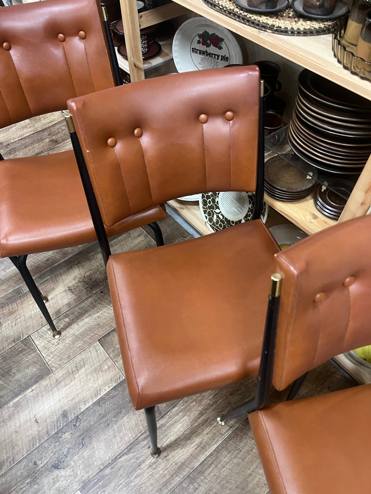 Set of 4 Mid Century Brown Vinyl Dining Chairs with Black Metal Frames