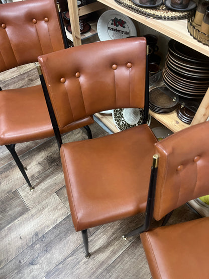 Set of 4 Mid Century Brown Vinyl Dining Chairs with Black Metal Frames