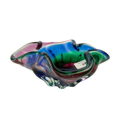 Green,pink & blue art glass dish