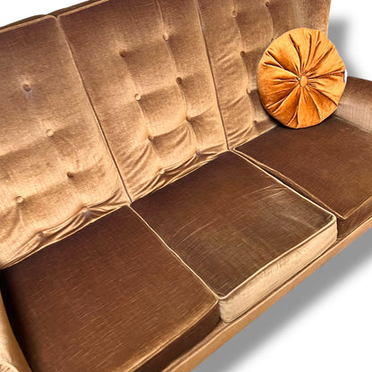 Golden Brown Velvet 3-Seater Sofa with Button Back
