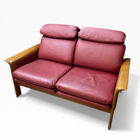 Two Seater Lounge with Sculpted Curved Timber Armrests & Burgundy Leather Cushions