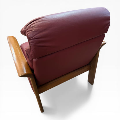 Timber Armchair with Sculpted Curved Armrests & Burgundy Leather Cushions