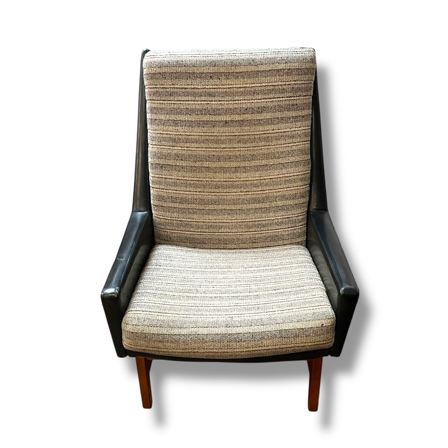 Fler ‘Flerclub’ High Back Armchair – Mid-Century Modern, Vinyl & Striped Fabric, Teak Base