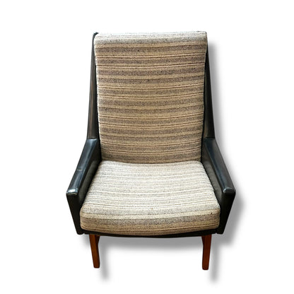 Fler ‘Flerclub’ High Back Armchair – Mid-Century Modern, Vinyl & Striped Fabric, Teak Base