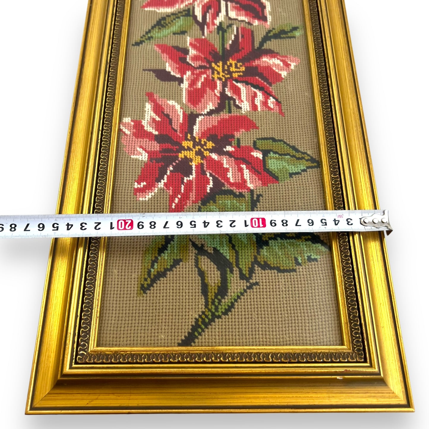 Vintage Needlepoint Art – Red Floral Design in Gold Frame