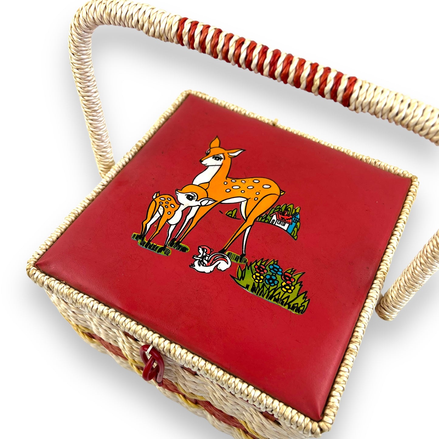 Vintage red and white sewing box with deer artwork