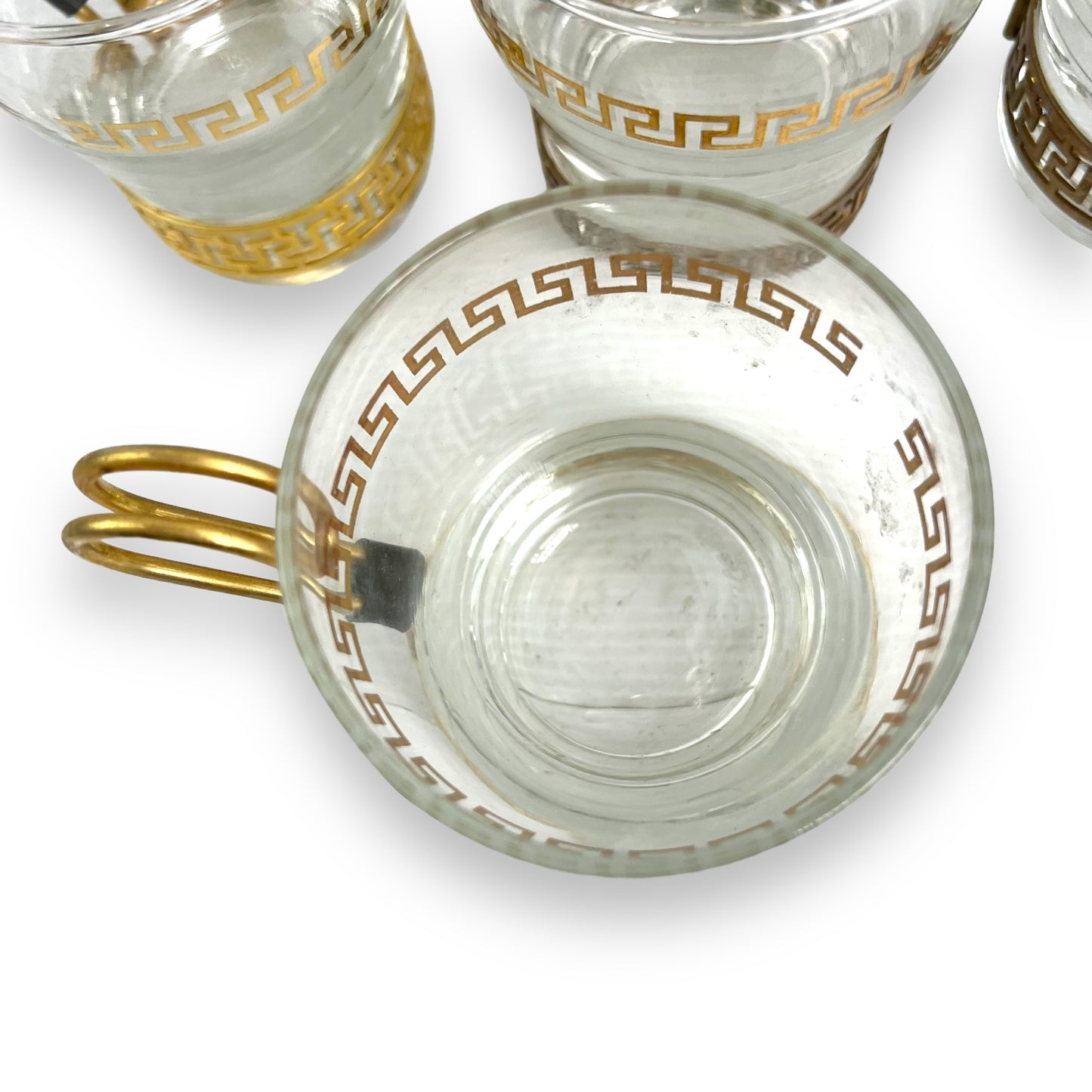 Libbey Greek Key Gold Coffee Mugs With Brass Handles set of 6