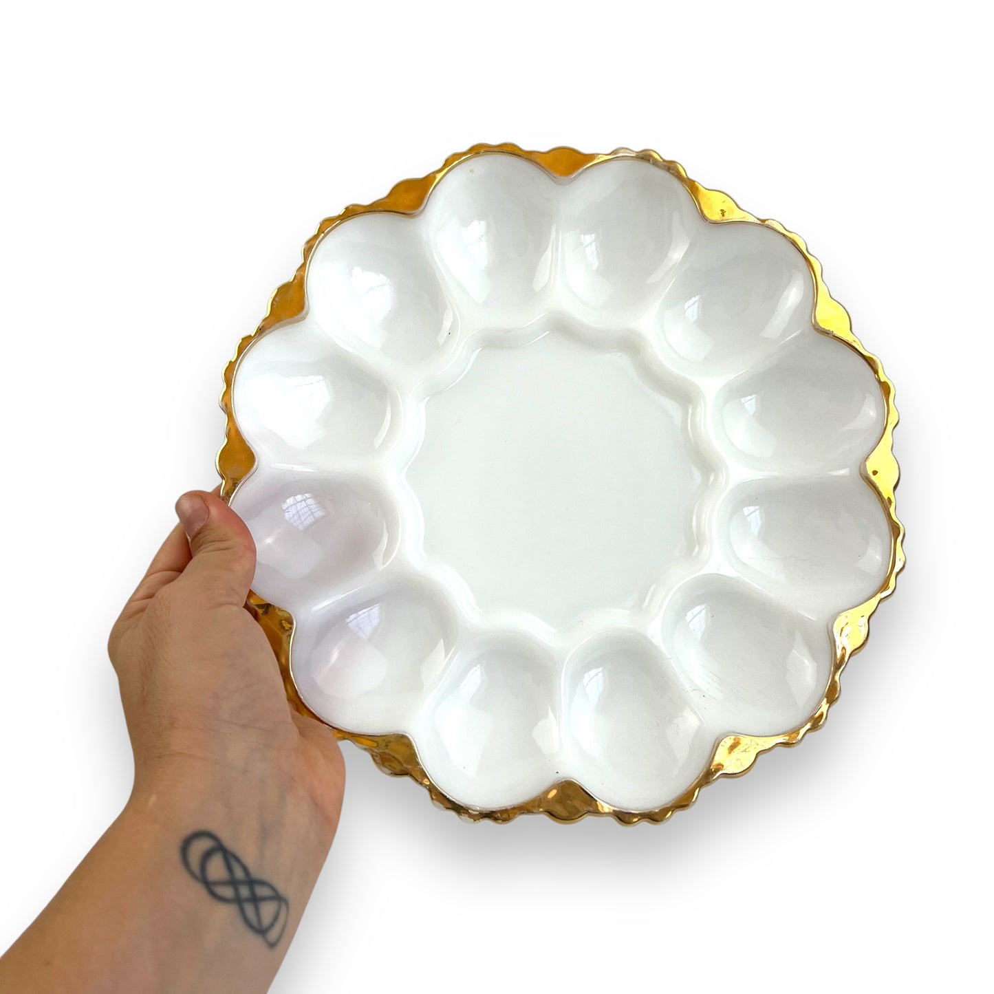 Anchor Hocking Milk Glass Devilled Egg Plate with Gold Rim