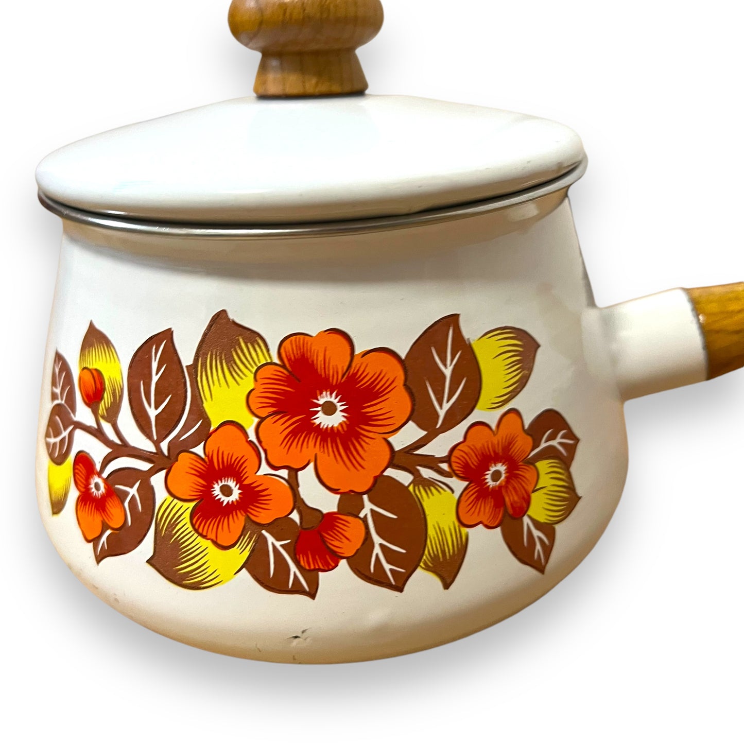 Floral Enamel Fondue Pot with Wooden Handle and Lid