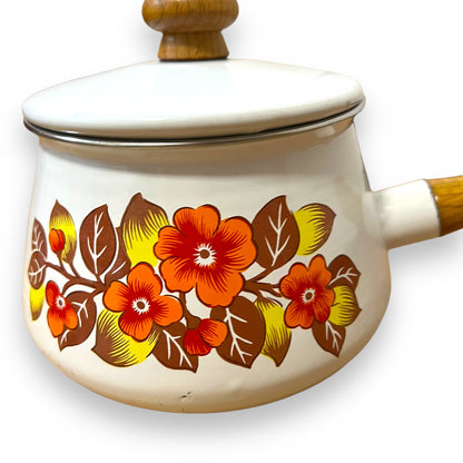 Floral Enamel Fondue Pot with Wooden Handle and Lid