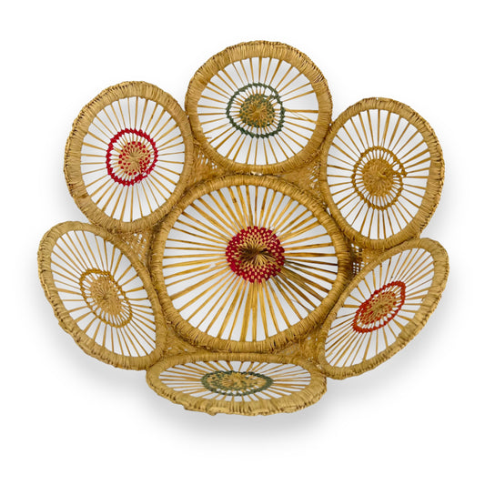 Circle pattern woven basket bowl with colourful circles