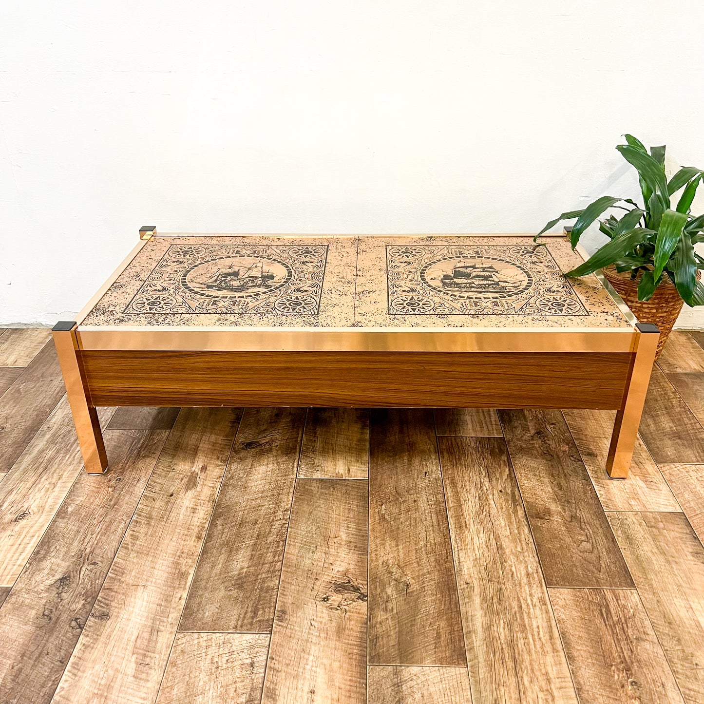 Cooks Endeavour ship copper coloured sliding internal bar coffee table