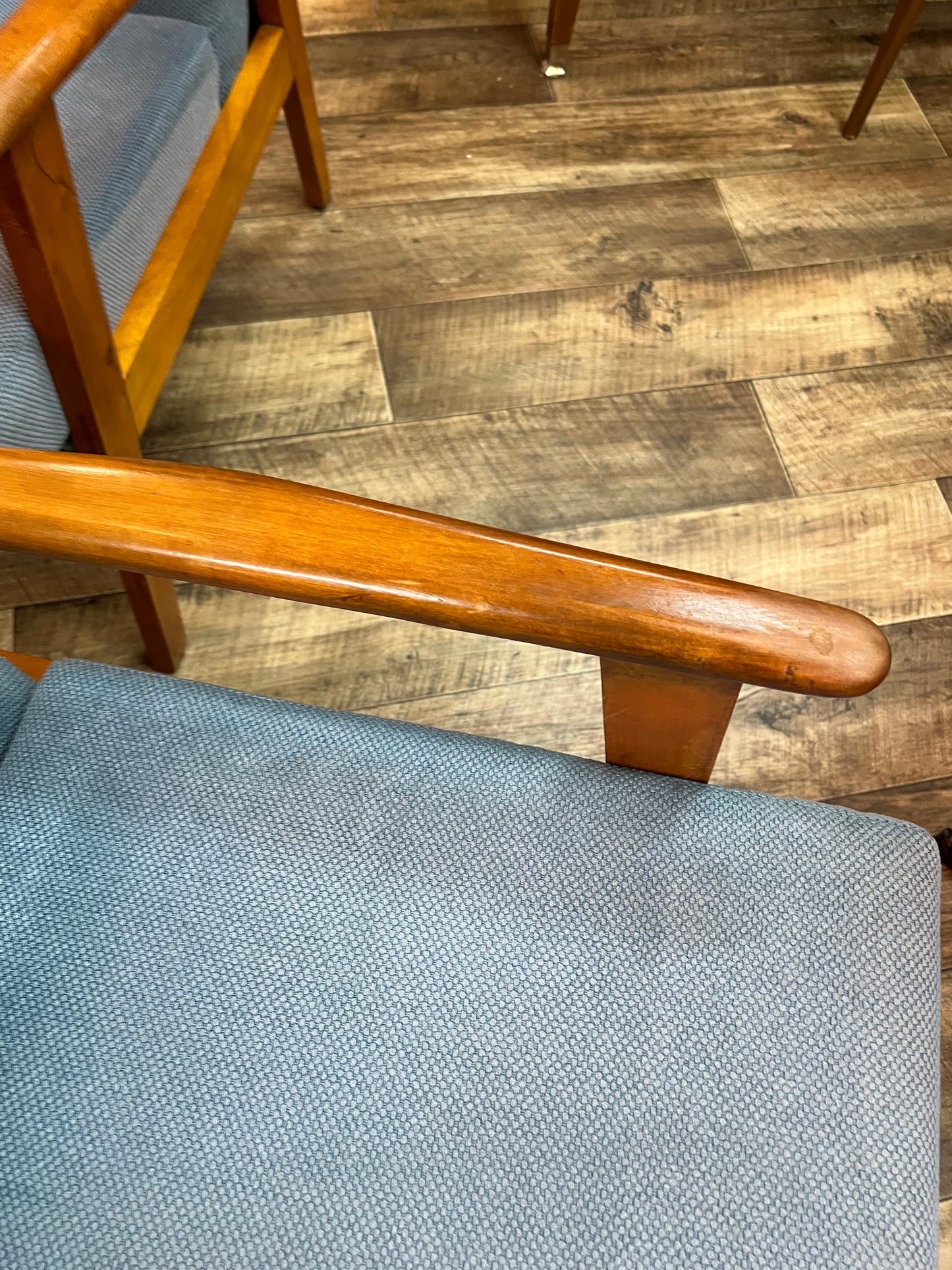 #1 Mid-Century Push-Back Reclining Armchair with Blue Upholstery