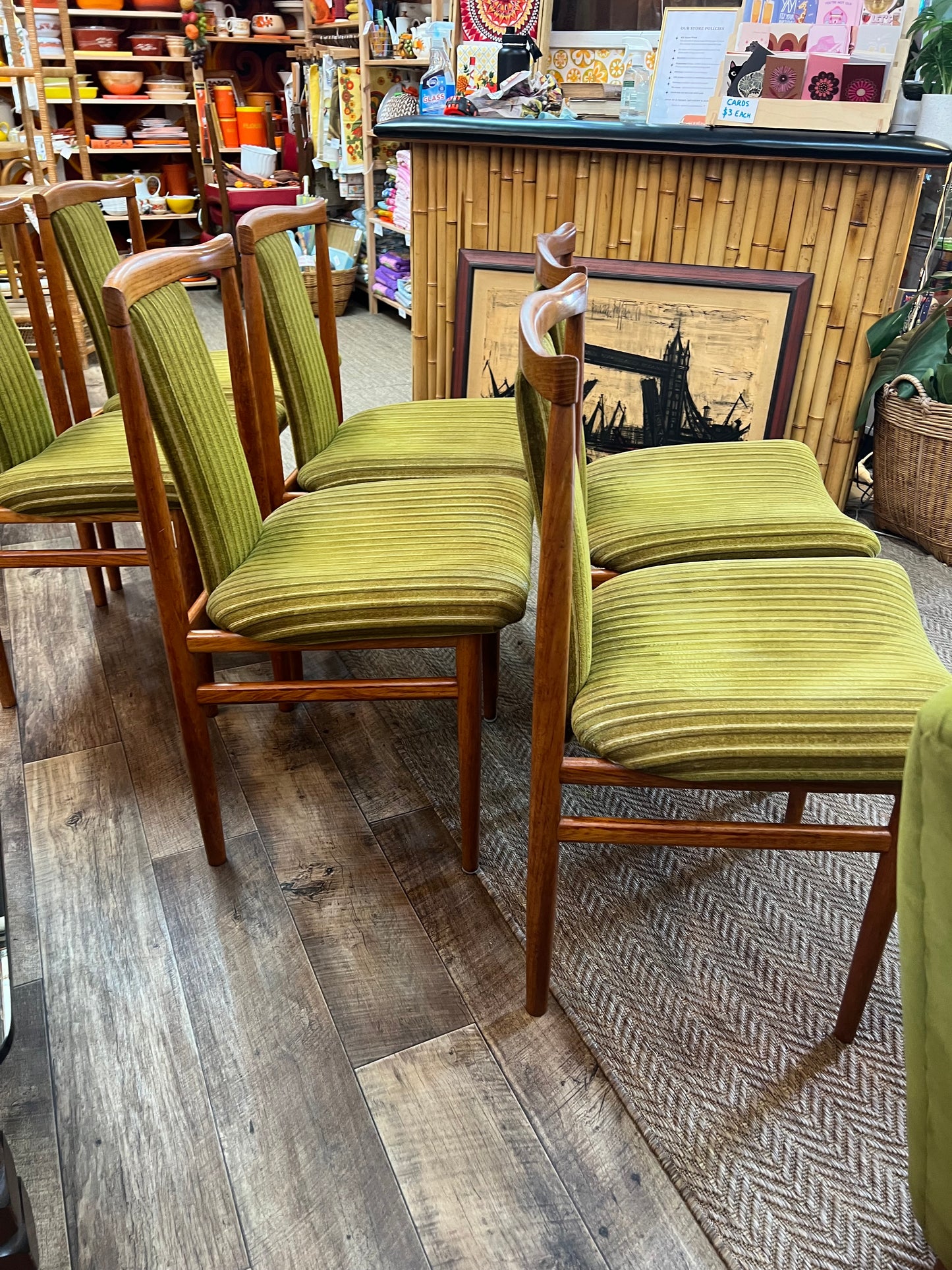 Set of 6 Vintage Burgess Dining Chairs | Mid Century Timber & Green Velvet